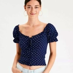American Eagle Navy and White Polkadot Crop Top